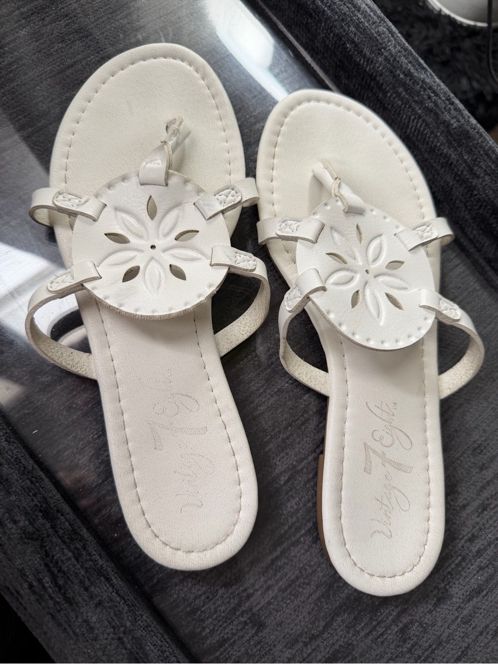 White Floral Cutout Leather Slide Sandals for Women